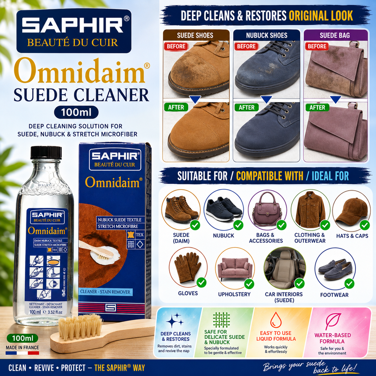 Saphir Suede and Nubuck Cleaner 100ml + Silk Bristle Brush