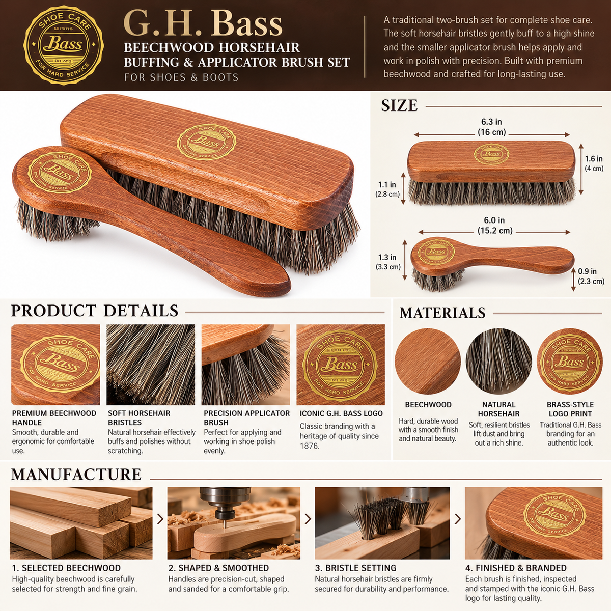 G.H. Bass Beechwood Horsehair Buffing & Applicator Brush Set