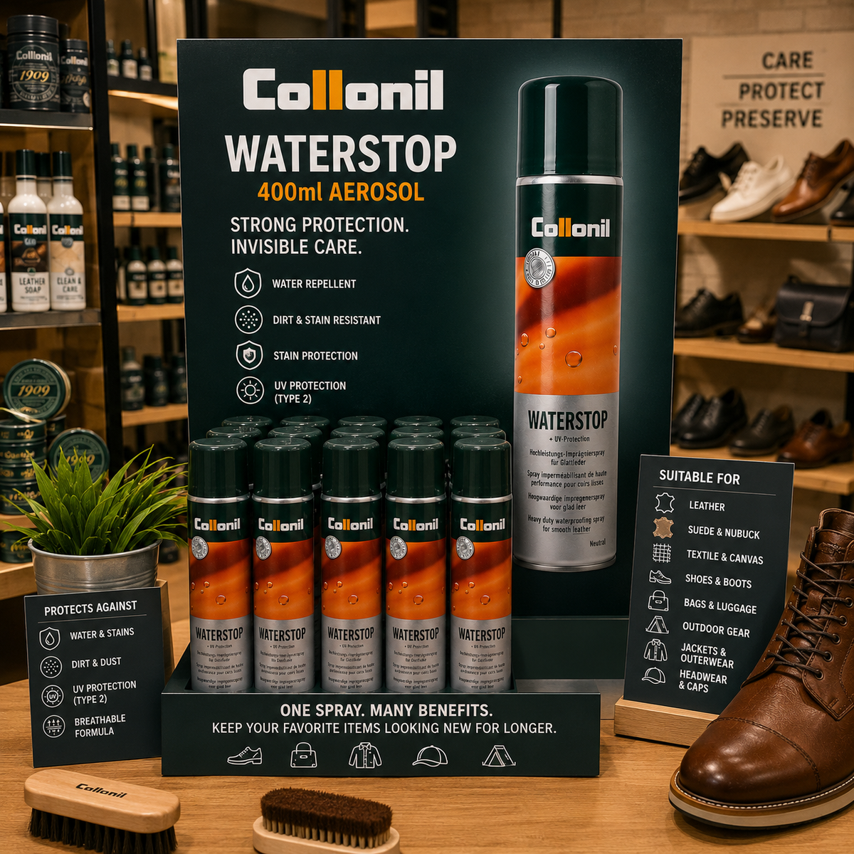 Collonil Waterstop Spray Waterproofing 400ml | Deep-Effective Rain & Stain Protection for Smooth Leather with UV Defence
