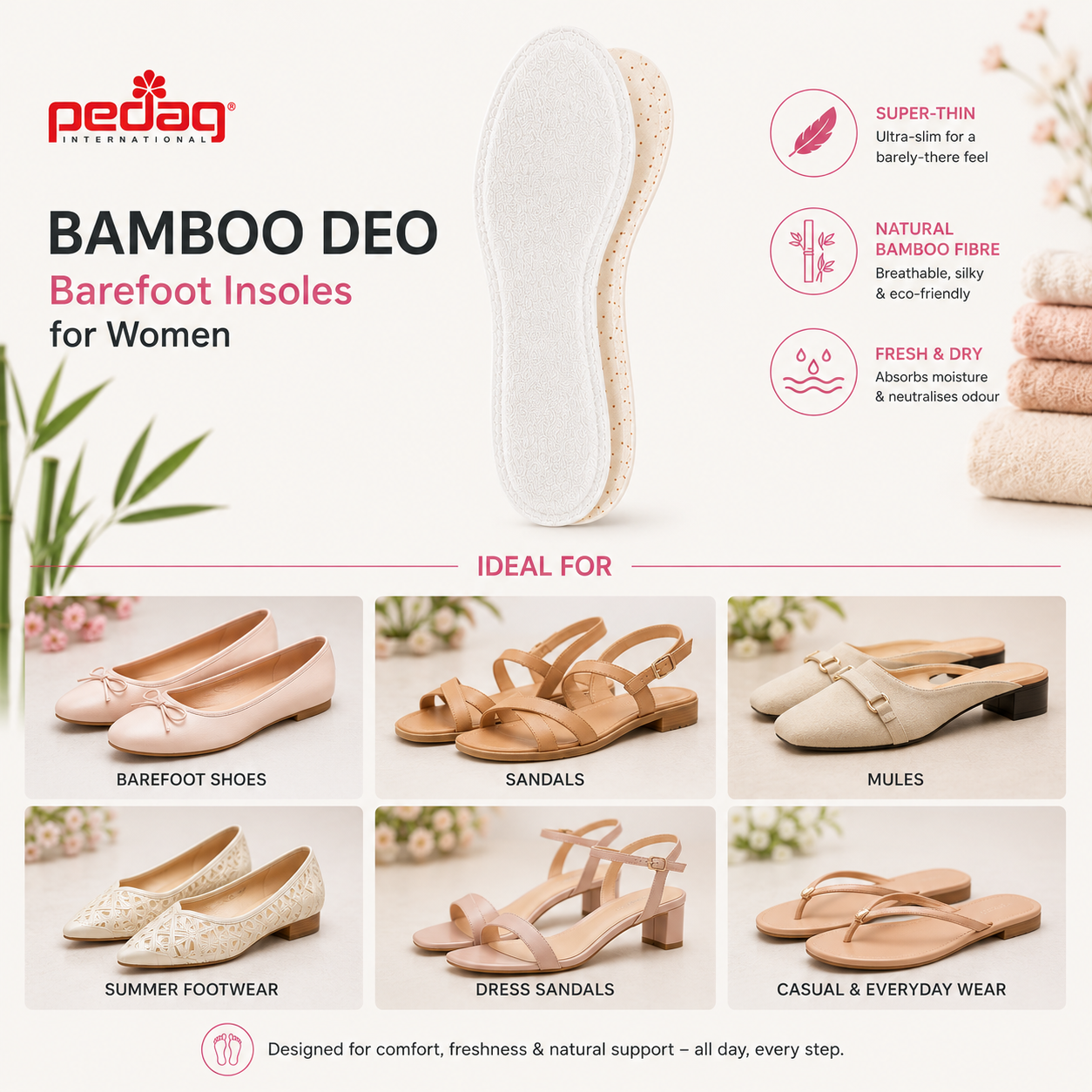 Pedag Bamboo Deo Barefoot Insoles for Women