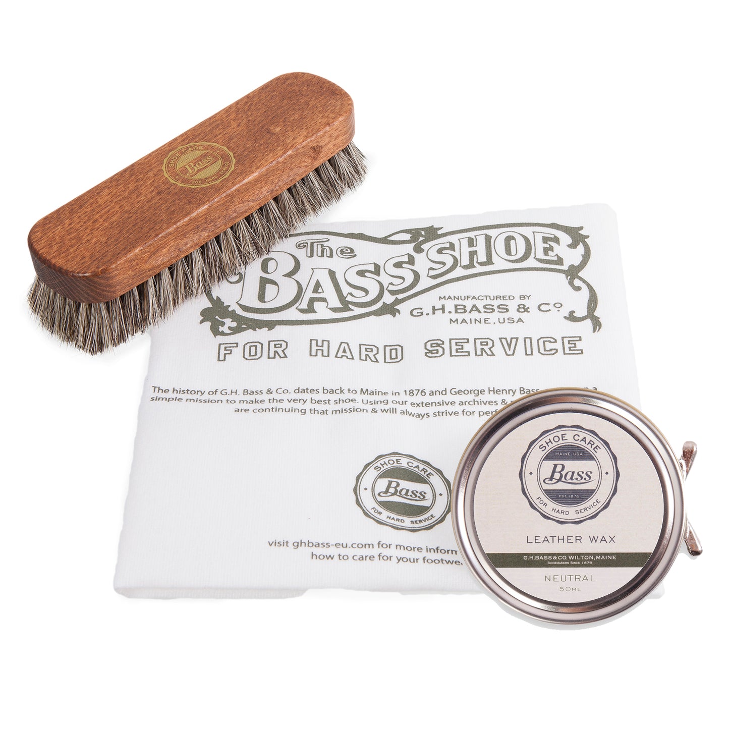 G.H. Bass Leather Wax Polish 50ml, Polishing Cloth & Buffing Brush Set
