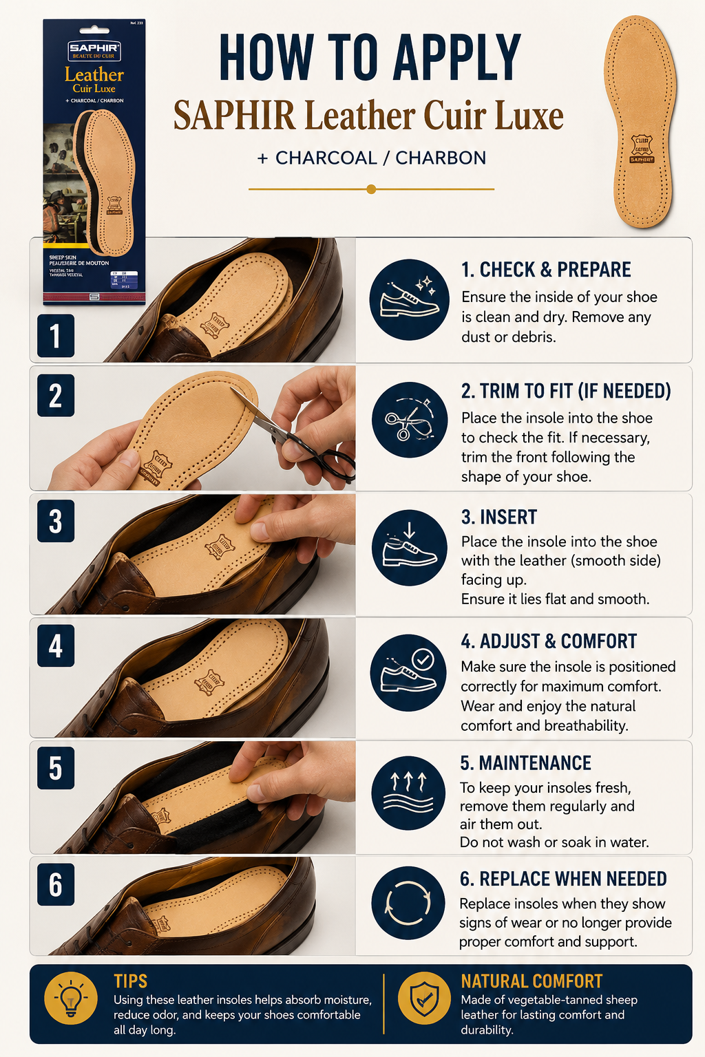 Saphir Leather Cuir Luxe Natural & Charcoal Insoles