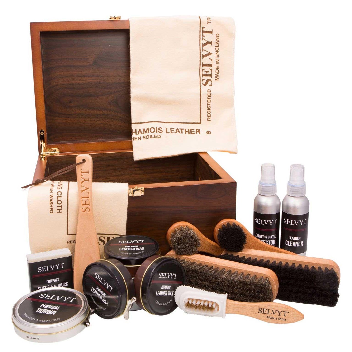 Selvyt Luxury Shoe Care Walnut Valet Gift Box Filled