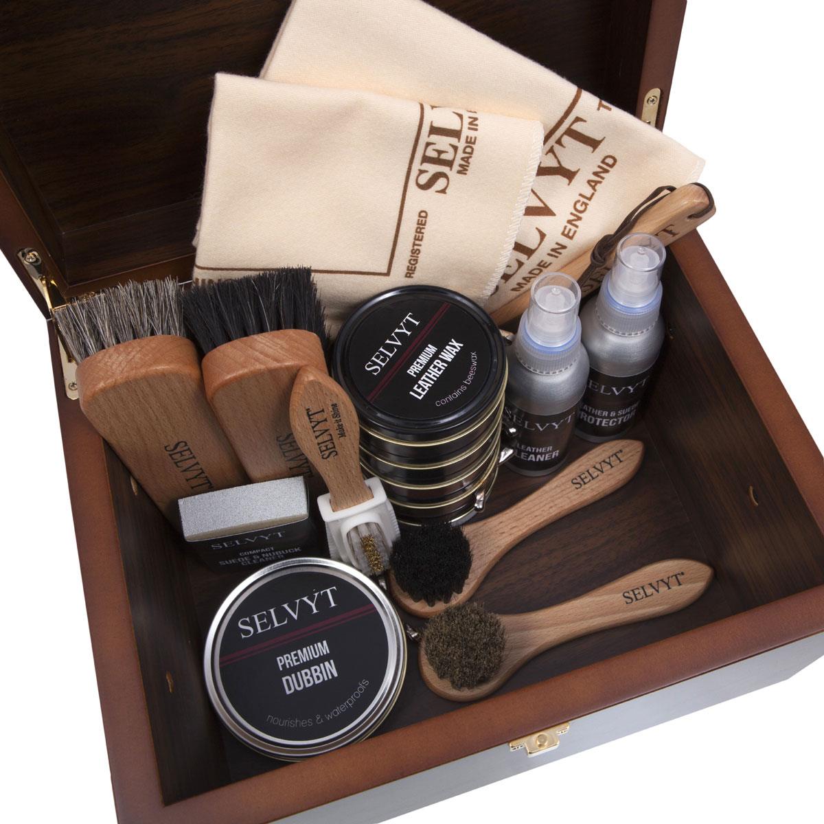 Selvyt Luxury Shoe Care Walnut Valet Gift Box Filled