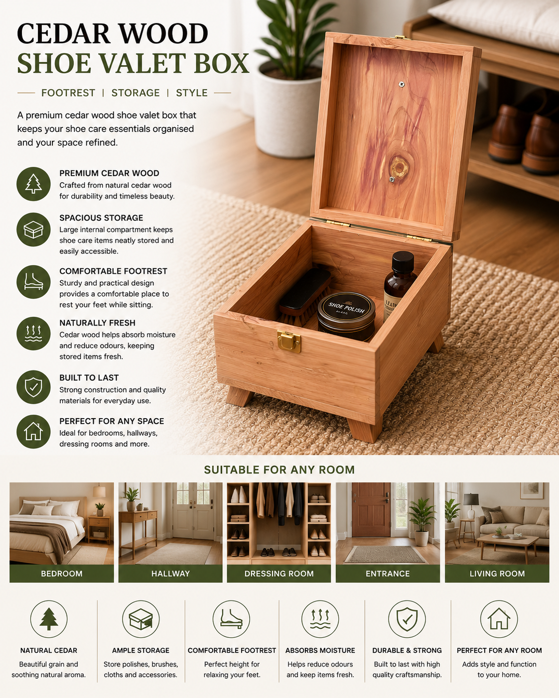 Footrest Cedar Wood Shoe Valet Box