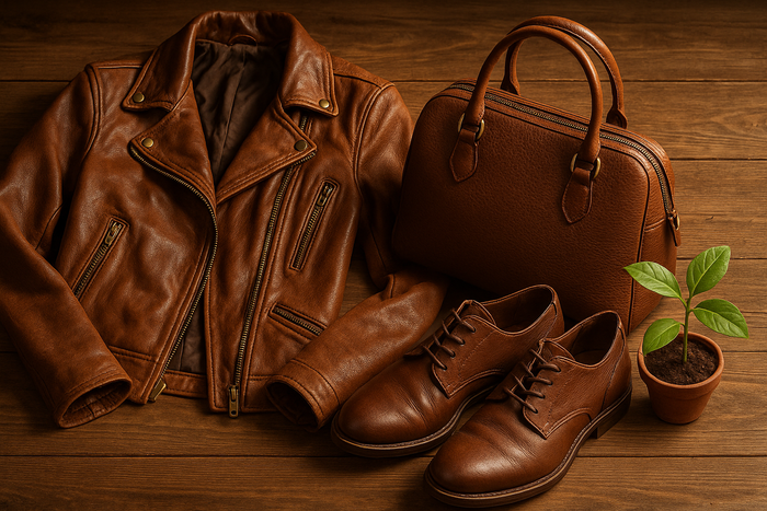 Brown leather jacket, matching leather handbag, and a pair of brown leather shoes displayed on a wooden surface beside a small potted plant