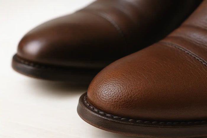 Macro of two leather shoe toe caps—foreground full-grain with visible pores; background coated leather showing fine micro-cracks.