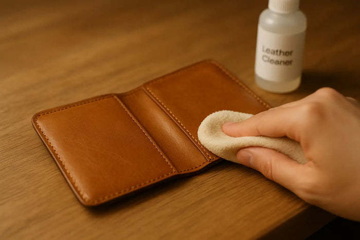 Hand cleaning a tan leather wallet with a soft cloth, natural grain and tidy stitching visible under warm indoor light