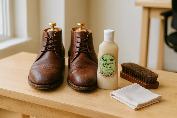 Leather boots with shoe trees beside Saphir Cleaning Lotion, brush and cloth on a wooden bench.