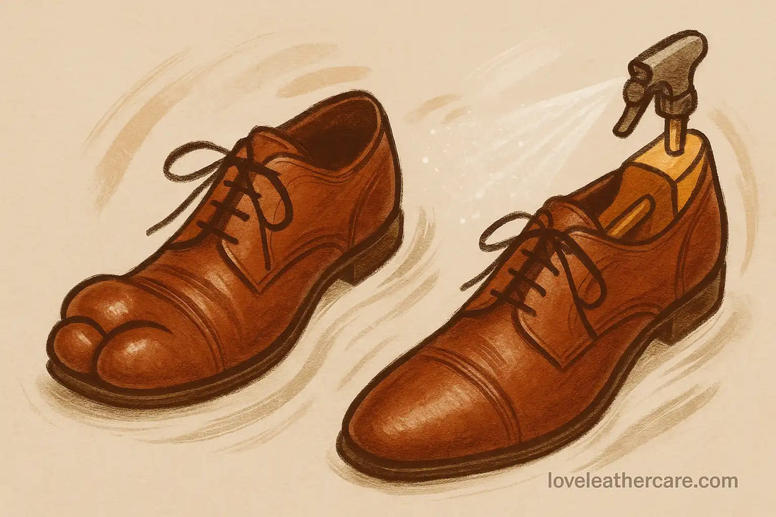 Two brown leather shoes on a beige background, one shoe humorously bulging at the toes as if cramped, while the other is stretched open with a wooden shoe stretcher and misted by spray, sketch-like abstract style