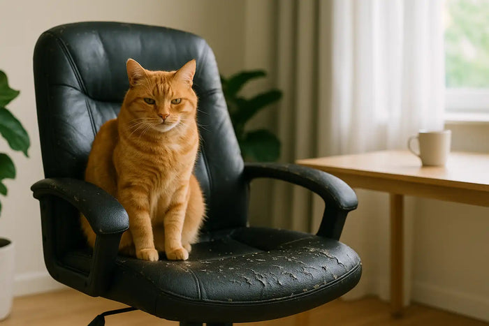 Peeling bonded-leather office chair with visible flakes; orange tabby cat looking on in a bright home office