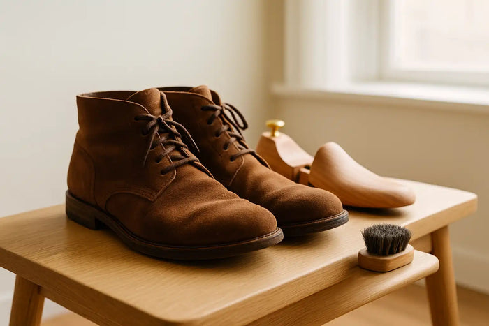 Brown split-leather boots with visible nap, cedar shoe trees and brush on a wooden bench by a bright window