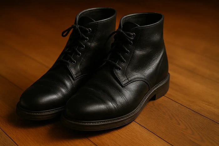 Well-worn bridle leather ankle boots with earned sheen and creases