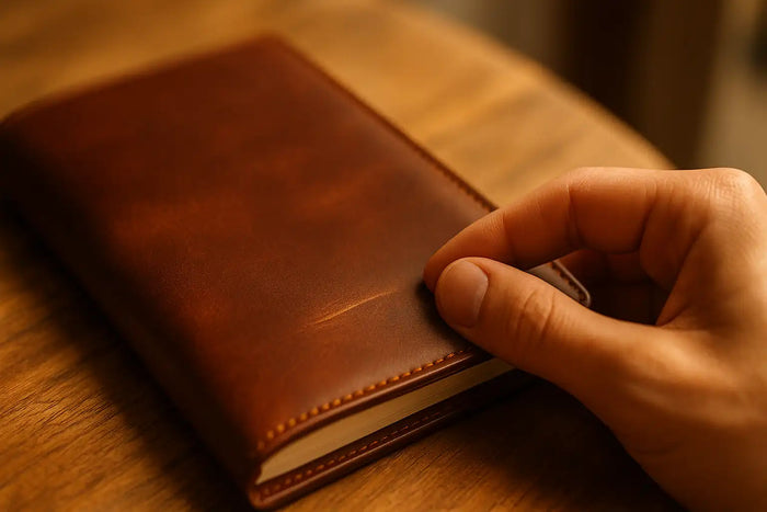 Thumb buffing a light scratch on chestnut crazy horse leather, colour returning
