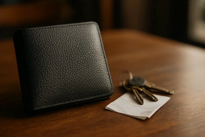 Close-up of a pebbled crossgrain leather wallet on a wooden table