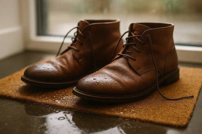 Wet brown ankle boots on a doormat with fresh rain droplets, laces loosened