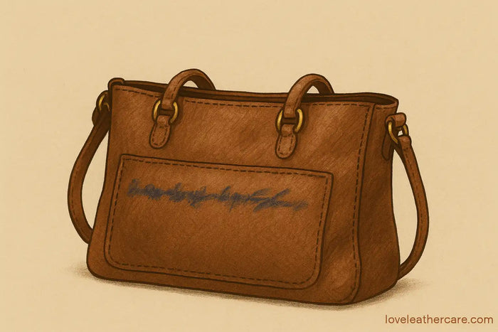 Brown leather handbag with irregular blue ink scribble stain on the front pocket, displayed on a beige background