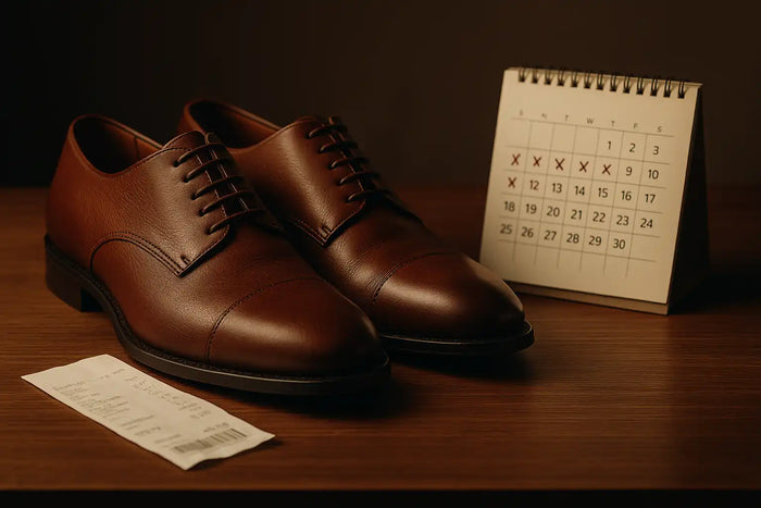 Premium brown leather shoes with visible grain next to a receipt and ticked-off calendar, illustrating cost per wear