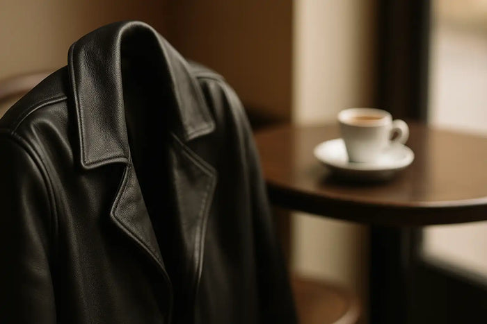 Close-up of a nappa leather jacket draped on a café chair beside an espresso