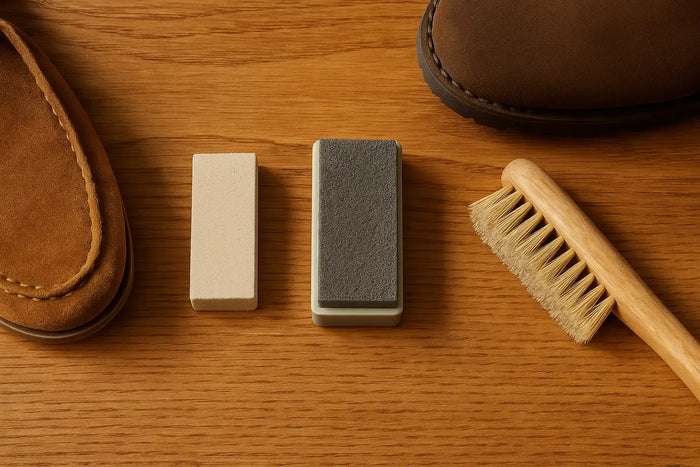 Flat lay of nubuck and suede care tools with suede and nubuck shoes on wooden surface