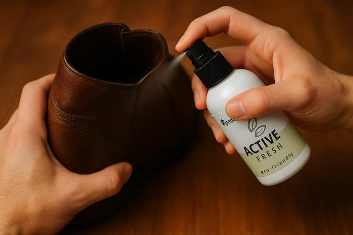 Hand spraying Pedag Active Fresh into a brown leather boot, fine mist visible inside the lining