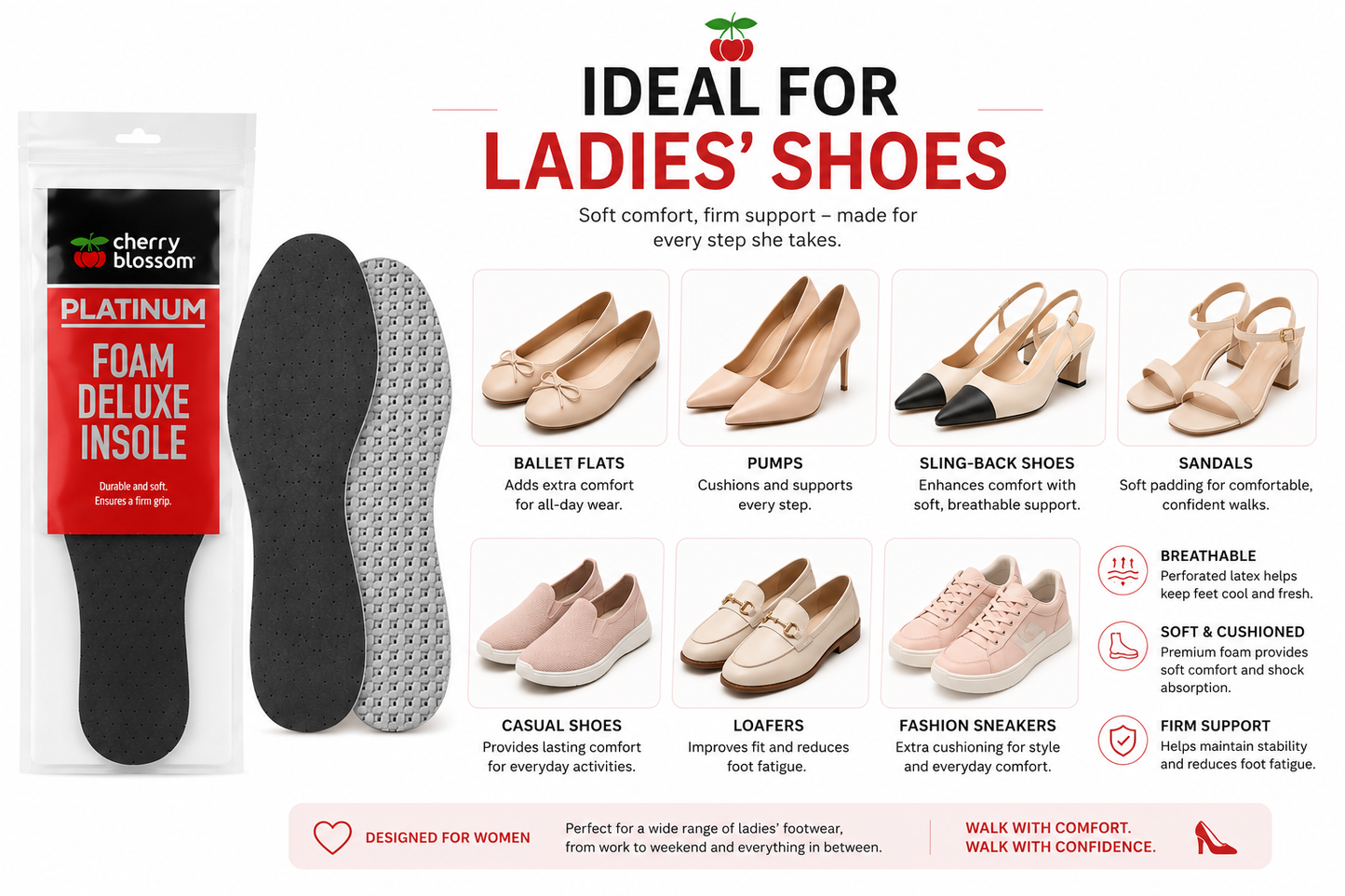 Cherry Blossom Foam Deluxe Insoles Ladies Breathable Comfort Lateks All Shoes