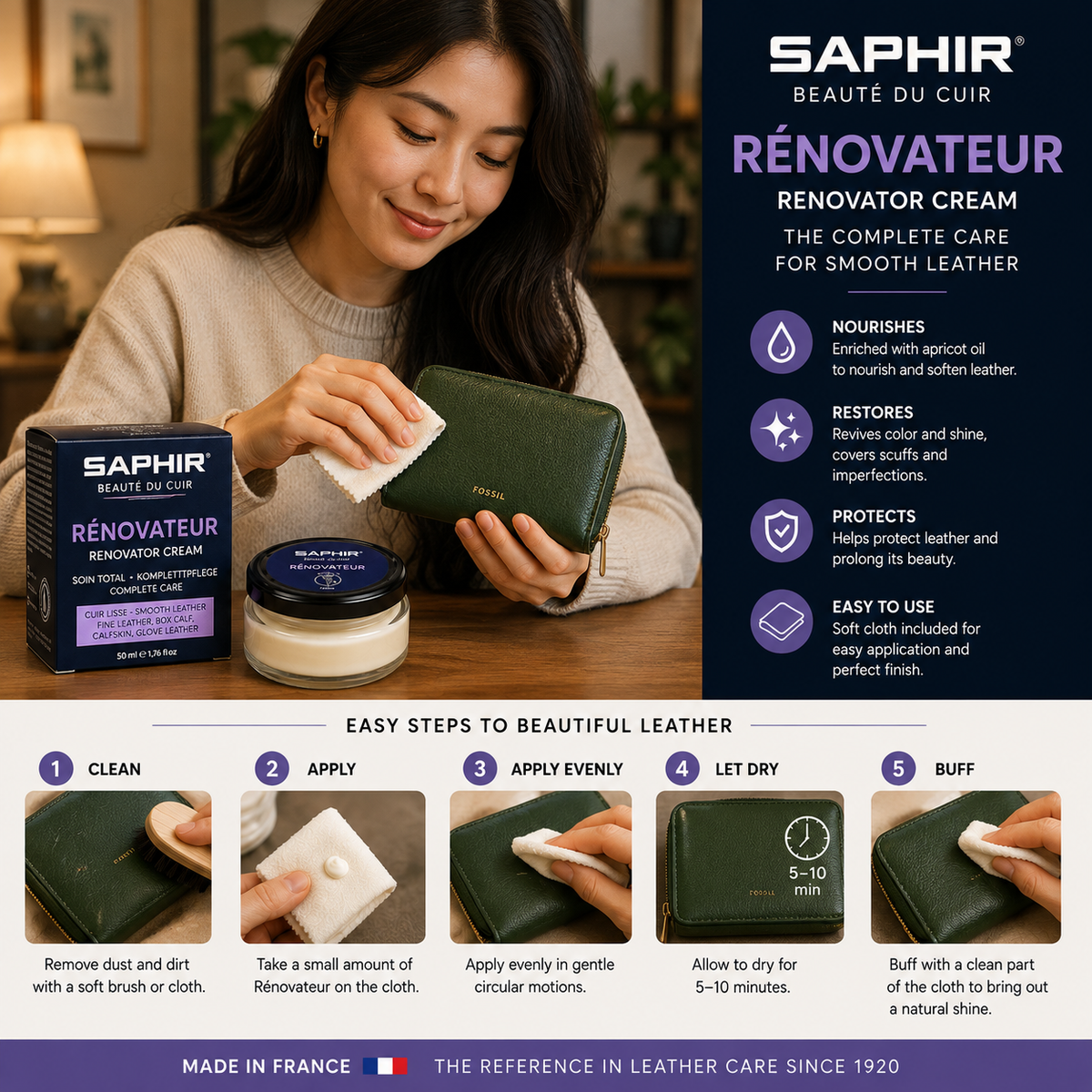 Saphir Renovator Cream Beaute du Cuir Renovator Cream+Cloth