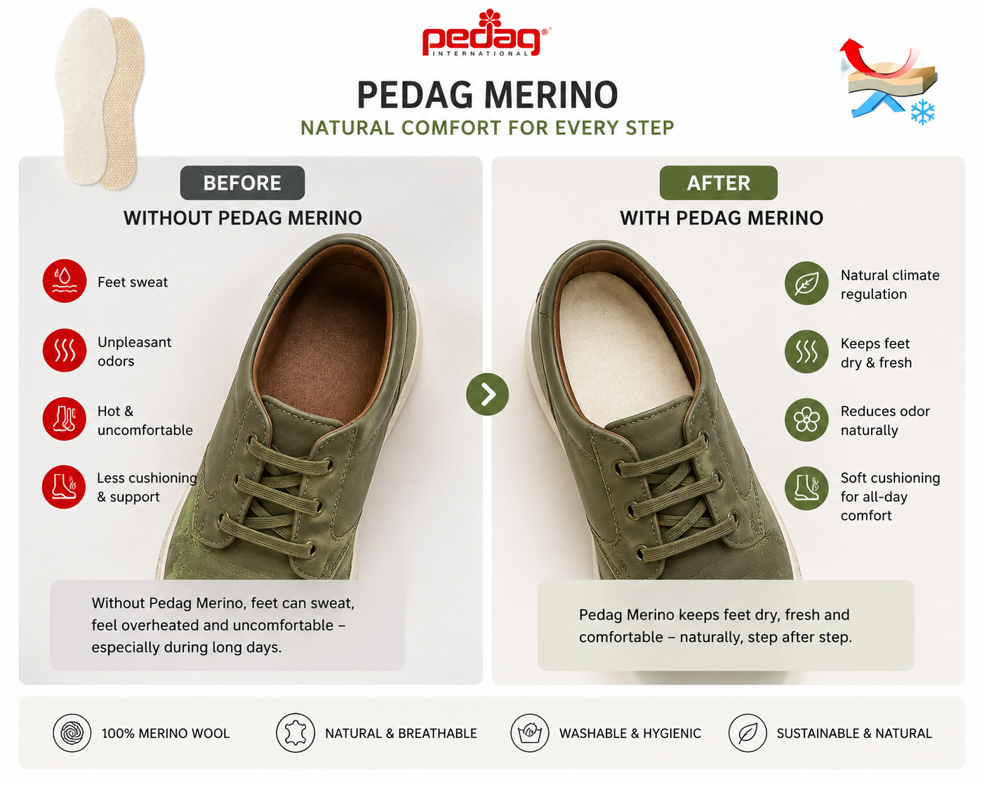 Pedag Merino Wool Insole for Shoes and Boots