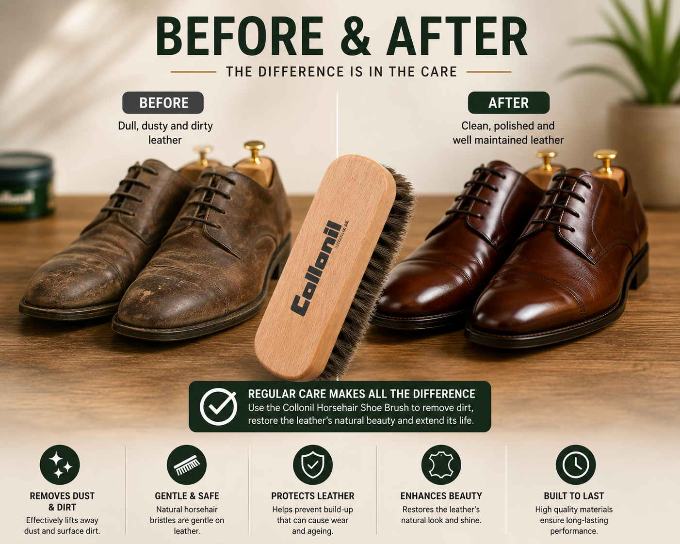 Collonil Horse Hair Brush Premium Beechwood Shoe Shine Brush