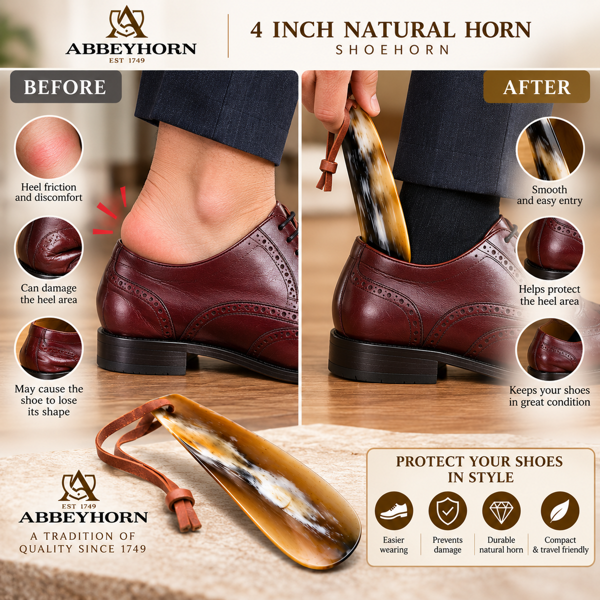 Abbeyhorn Shoehorn with Leather Thong 4" Travel Natural Eco-Friendly Shoehorn