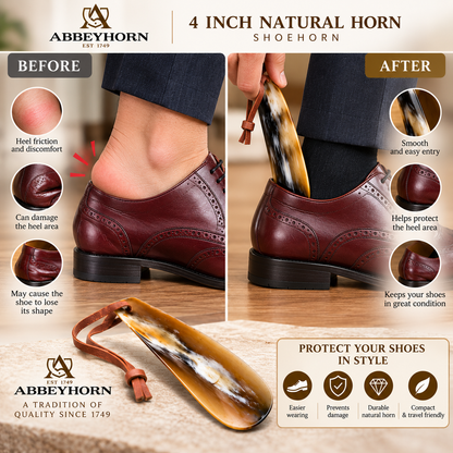 Abbeyhorn Shoehorn with Leather Thong 4" Travel Natural Eco-Friendly Shoehorn