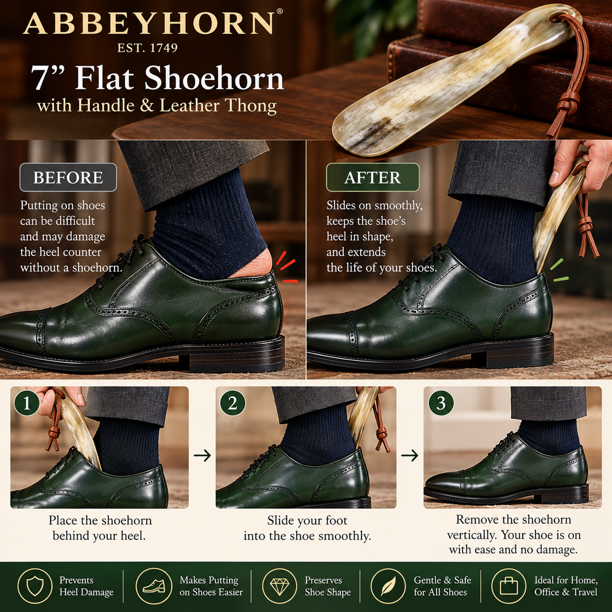 Abbeyhorn Flat 7" Shoehorn with Handle & Leather Thong