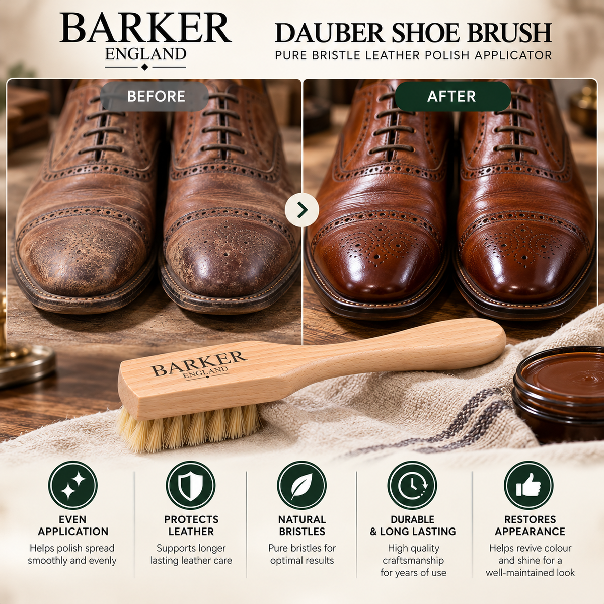 Barker Dauber Shoe Brush Pure Bristle Leather Polish Applicator