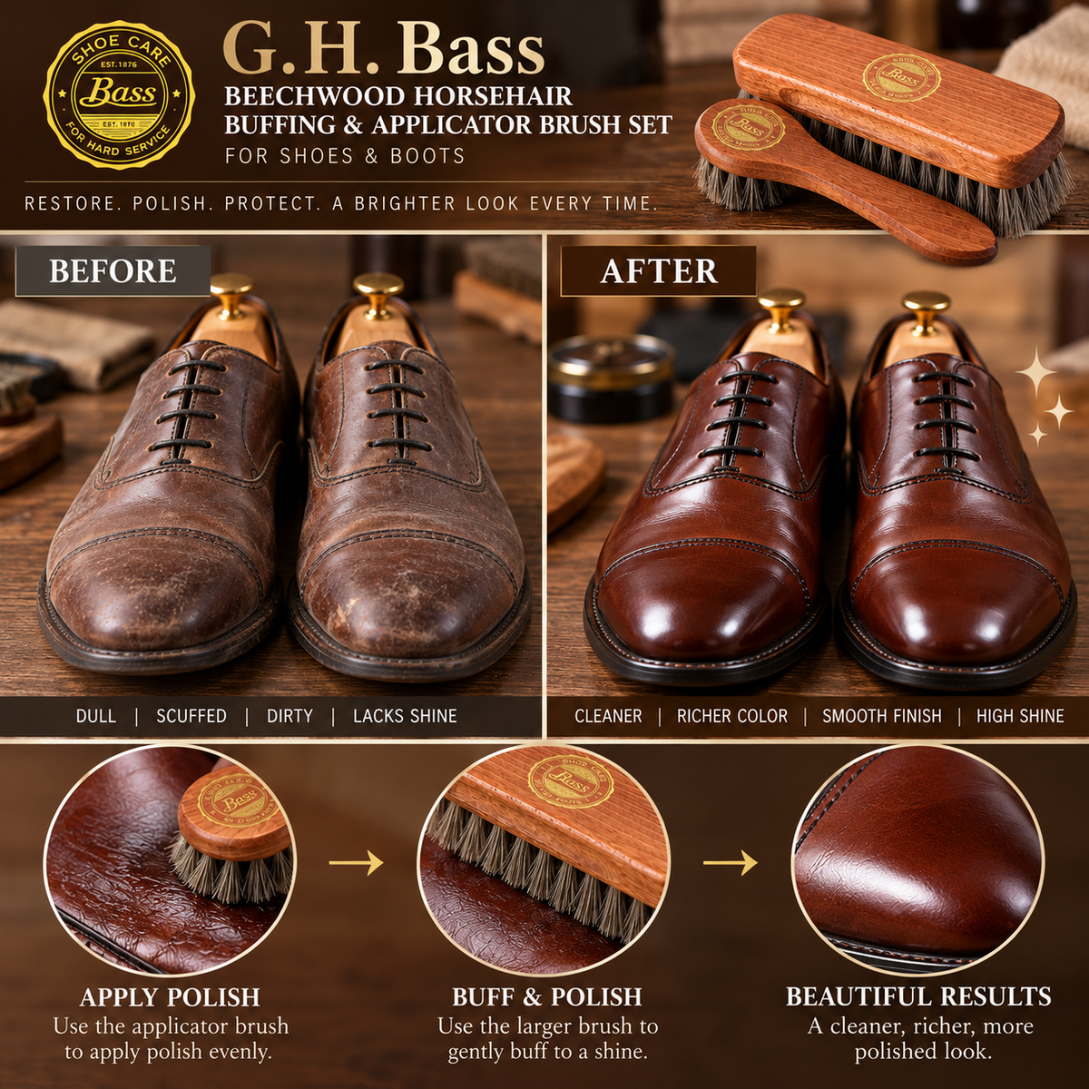 G.H. Bass Beechwood Horsehair Buffing & Applicator Brush Set