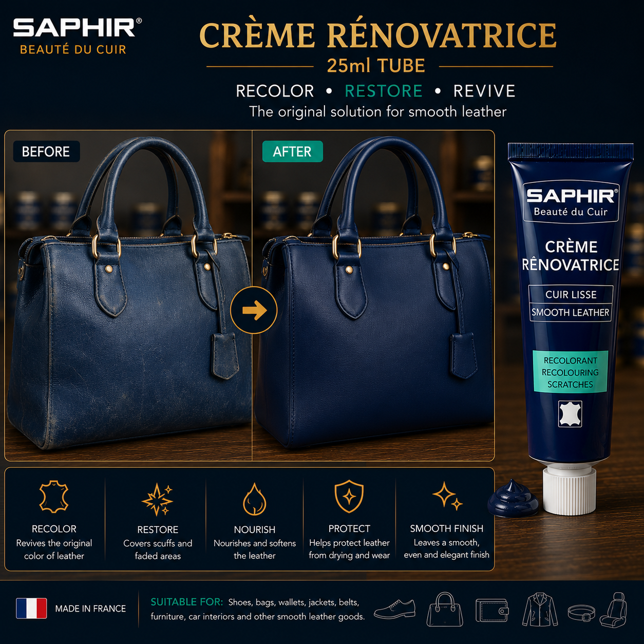 Saphir Creme Renovatrice 25ml Tube for Leather Care and Restoration