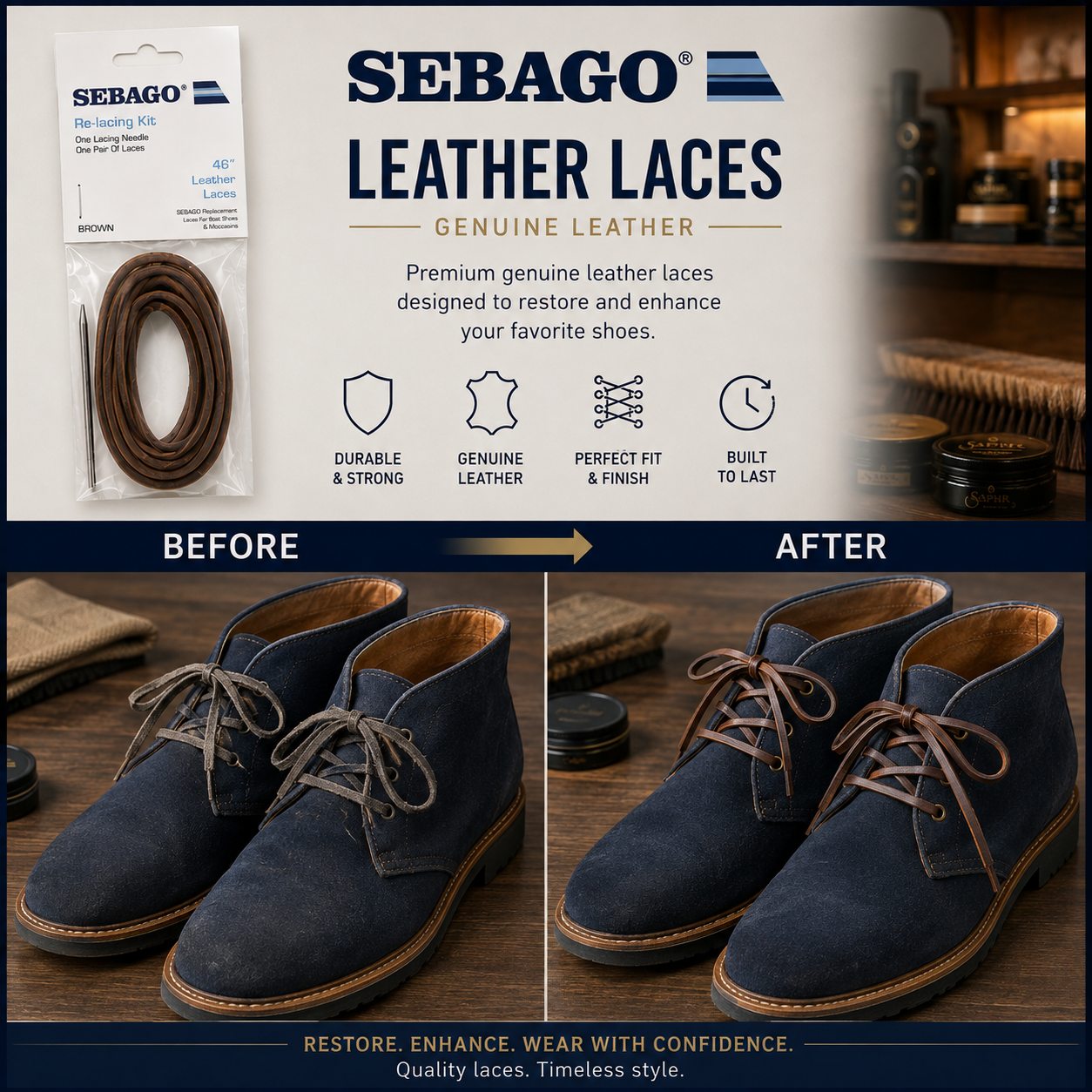 Sebago Leather Laces Square-Cut Replacement