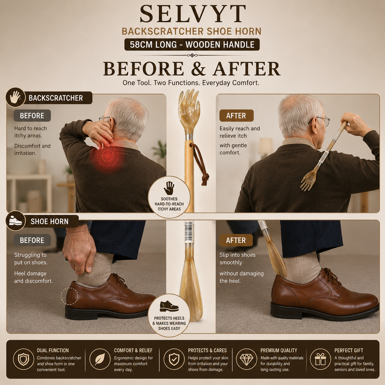 Selvyt Backscratcher Shoe Horn 58cm Long - Wooden Handle