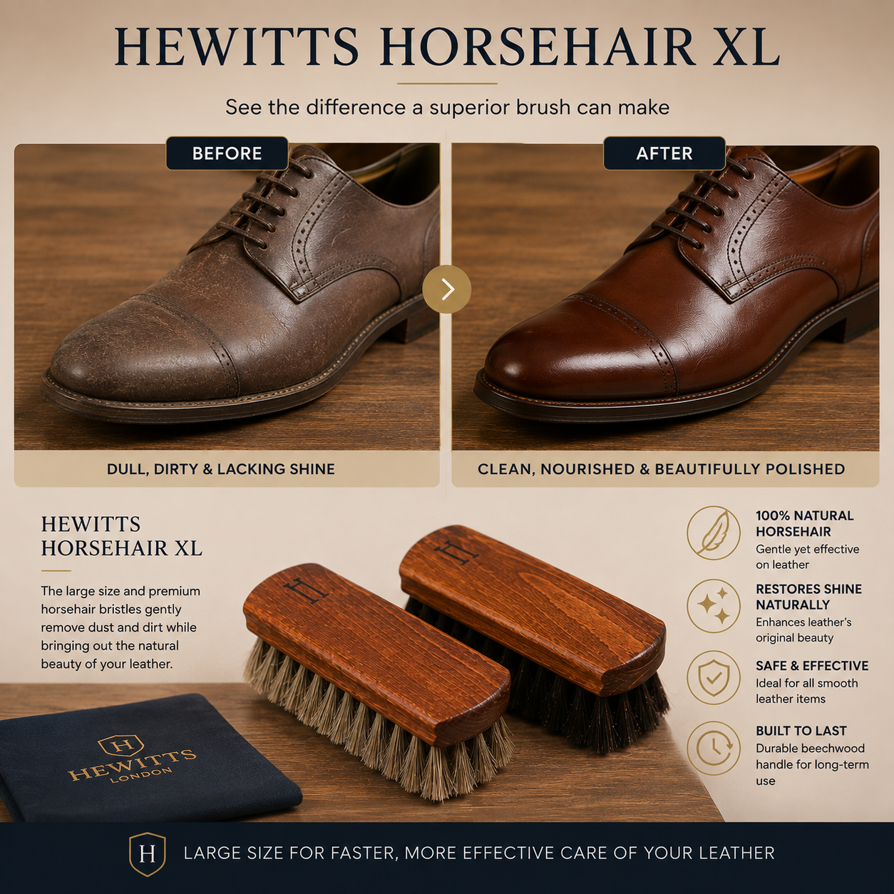 Hewitts Horsehair XL Brush Luxury Shoe Shine Brush