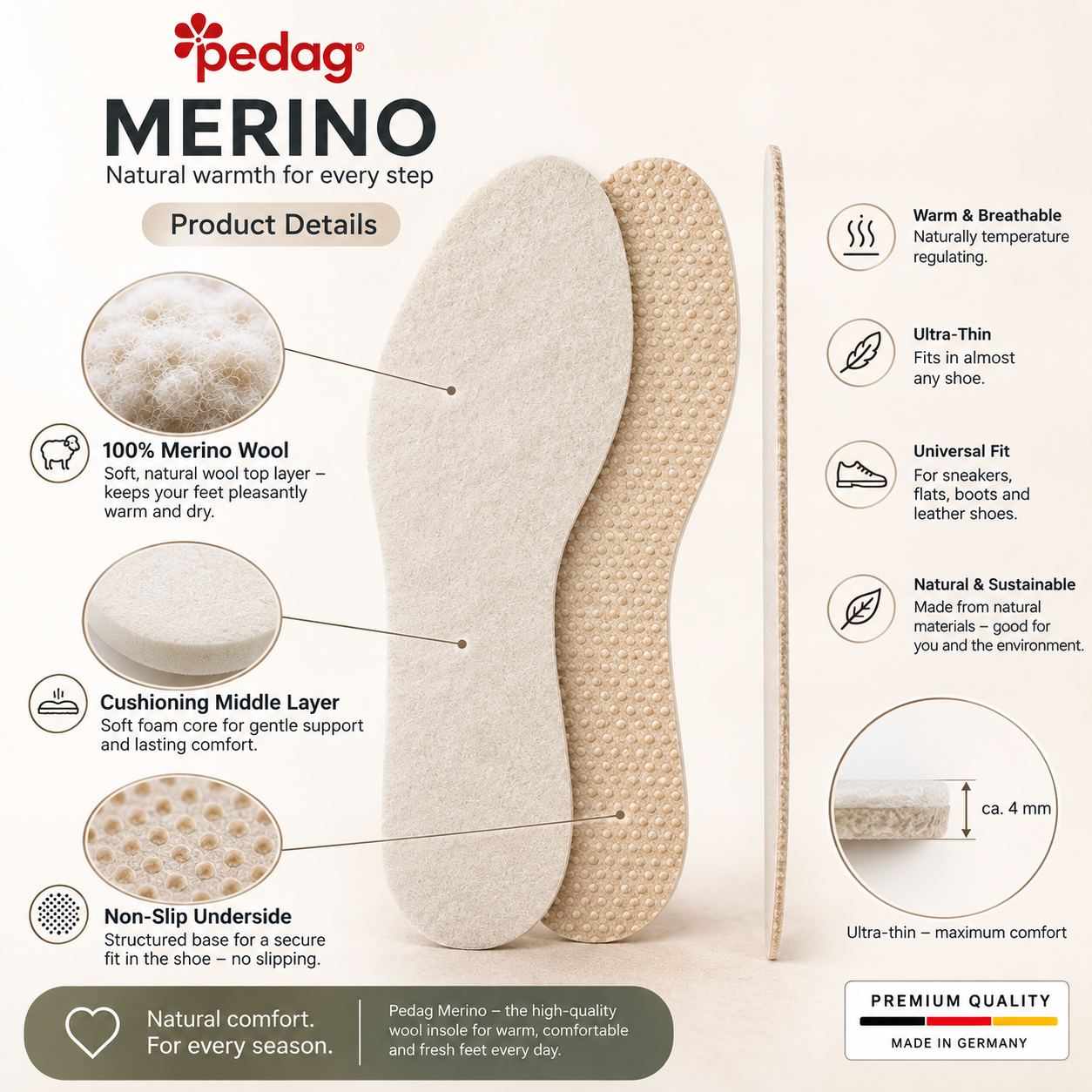Pedag Merino Wool Insole for Shoes and Boots