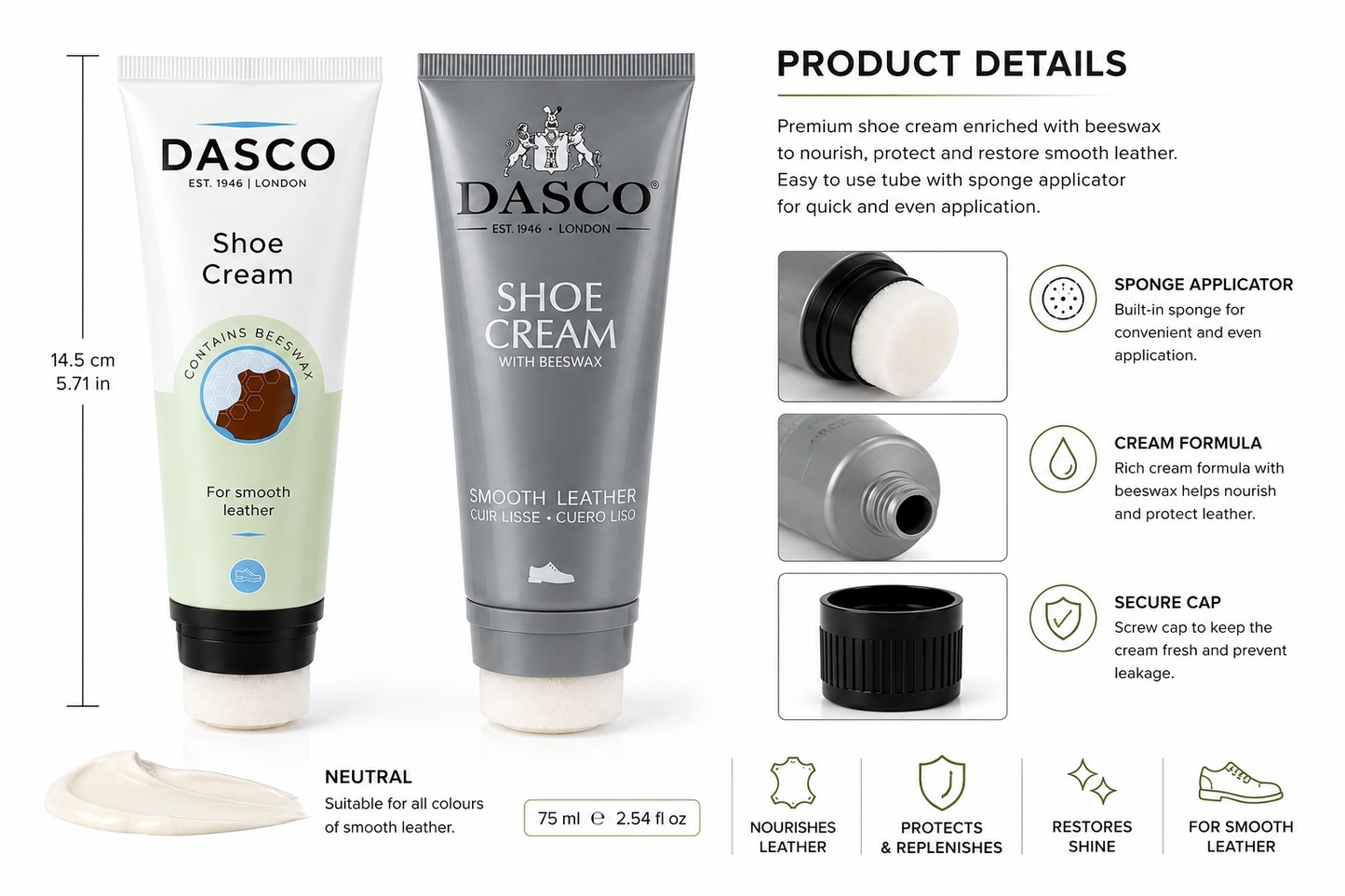 Dasco Shoe Cream 75ml Tube with Applicator