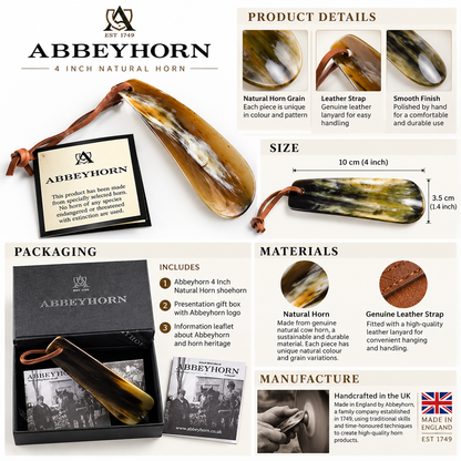 Abbeyhorn Shoehorn with Leather Thong 4" Travel Natural Eco-Friendly Shoehorn