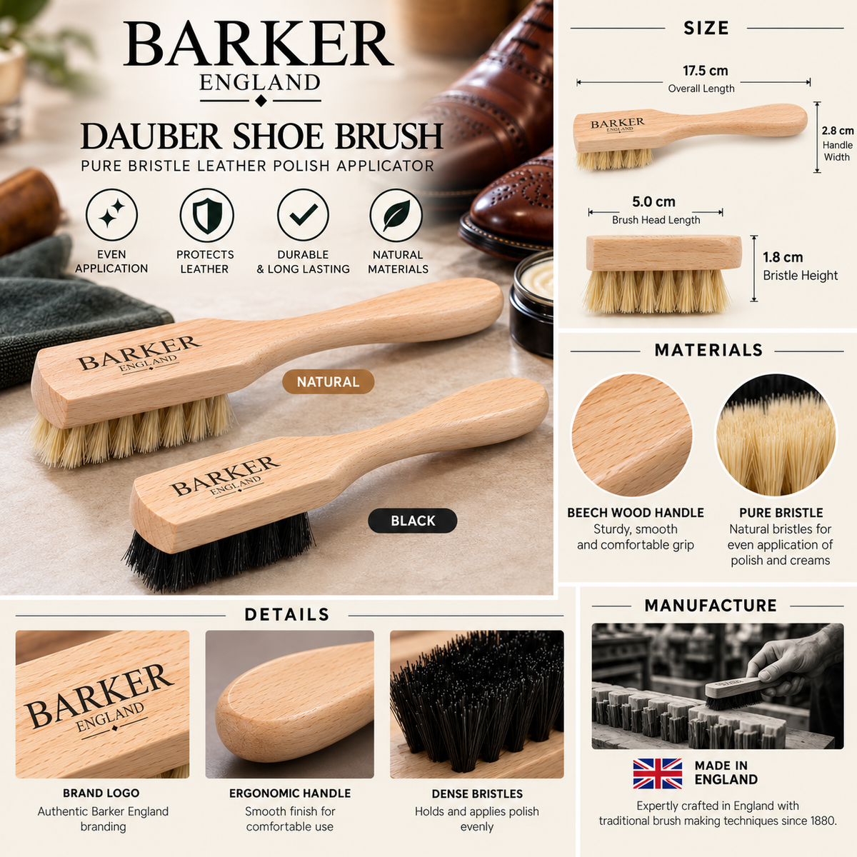 Barker Dauber Shoe Brush Pure Bristle Leather Polish Applicator