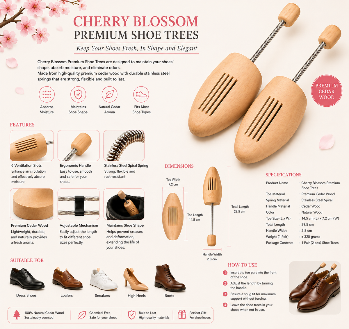 Cherry Blossom Premium Shoe Trees Wood Spiral
