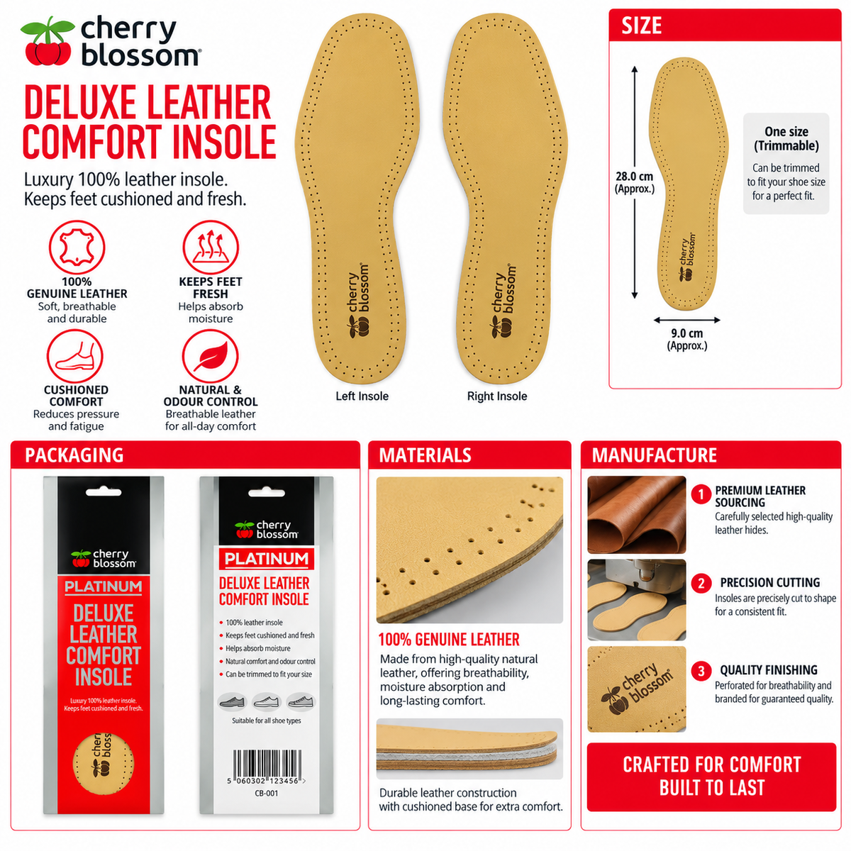 Cherry Blossom Deluxe Leather Comfort Insoles Mens 1 Pair All-Day Comfort