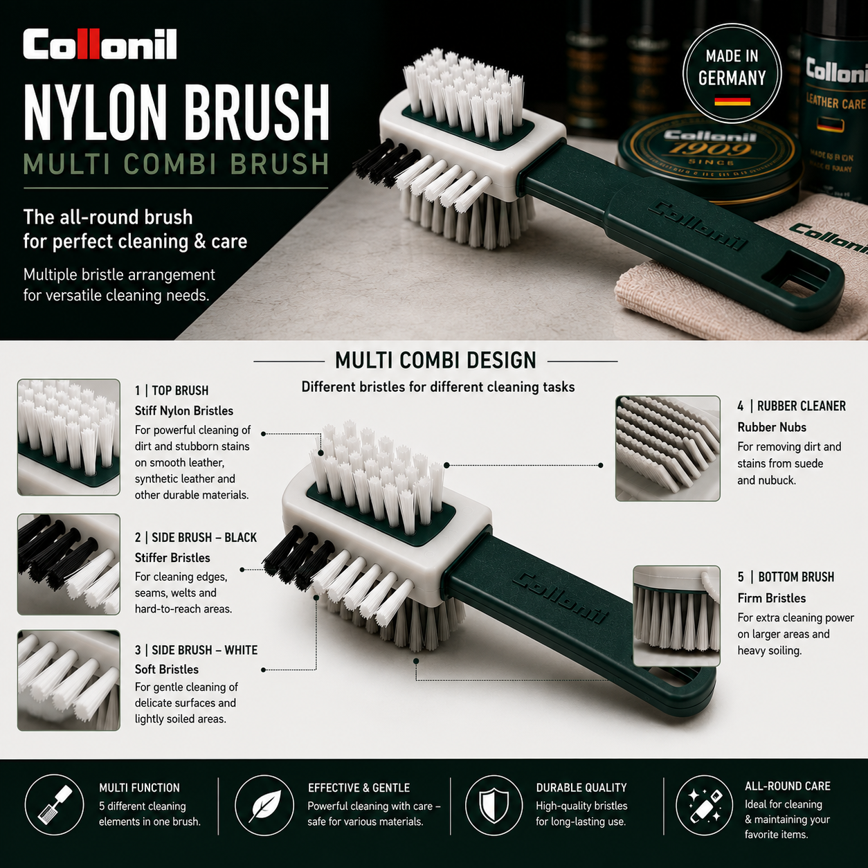 Collonil Nylon Brush - Multi Combi Brush for Leather & Sneaker Care with Perlon Bristles