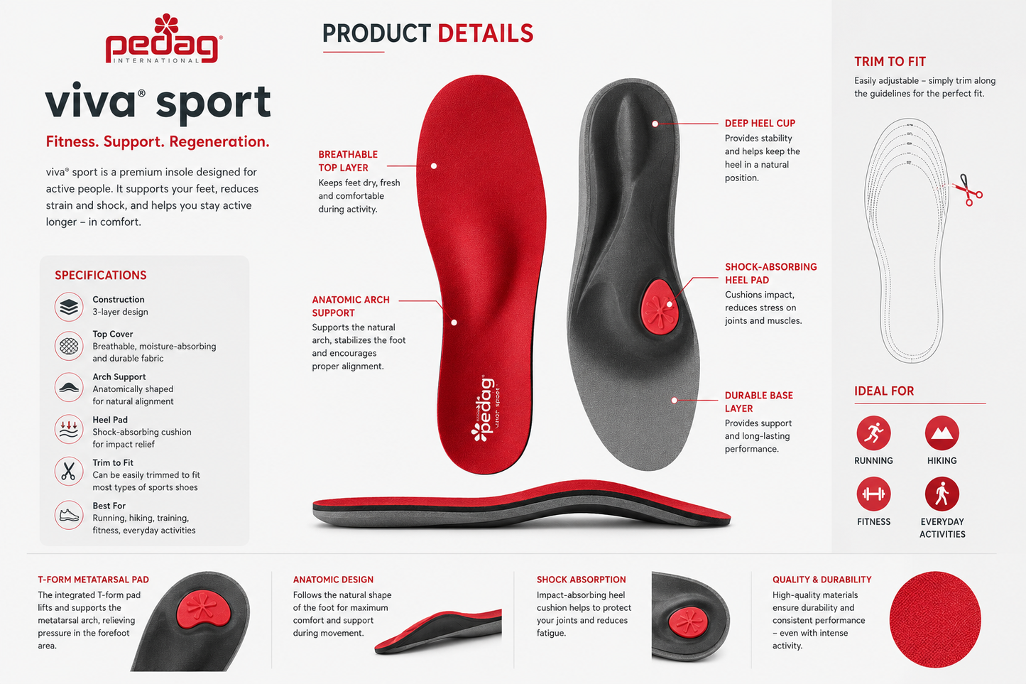 Pedag Viva Sport Fitness Foot Support Insole 181 Red