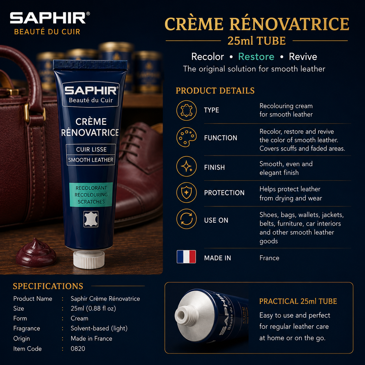 Saphir Creme Renovatrice 25ml Tube for Leather Care and Restoration