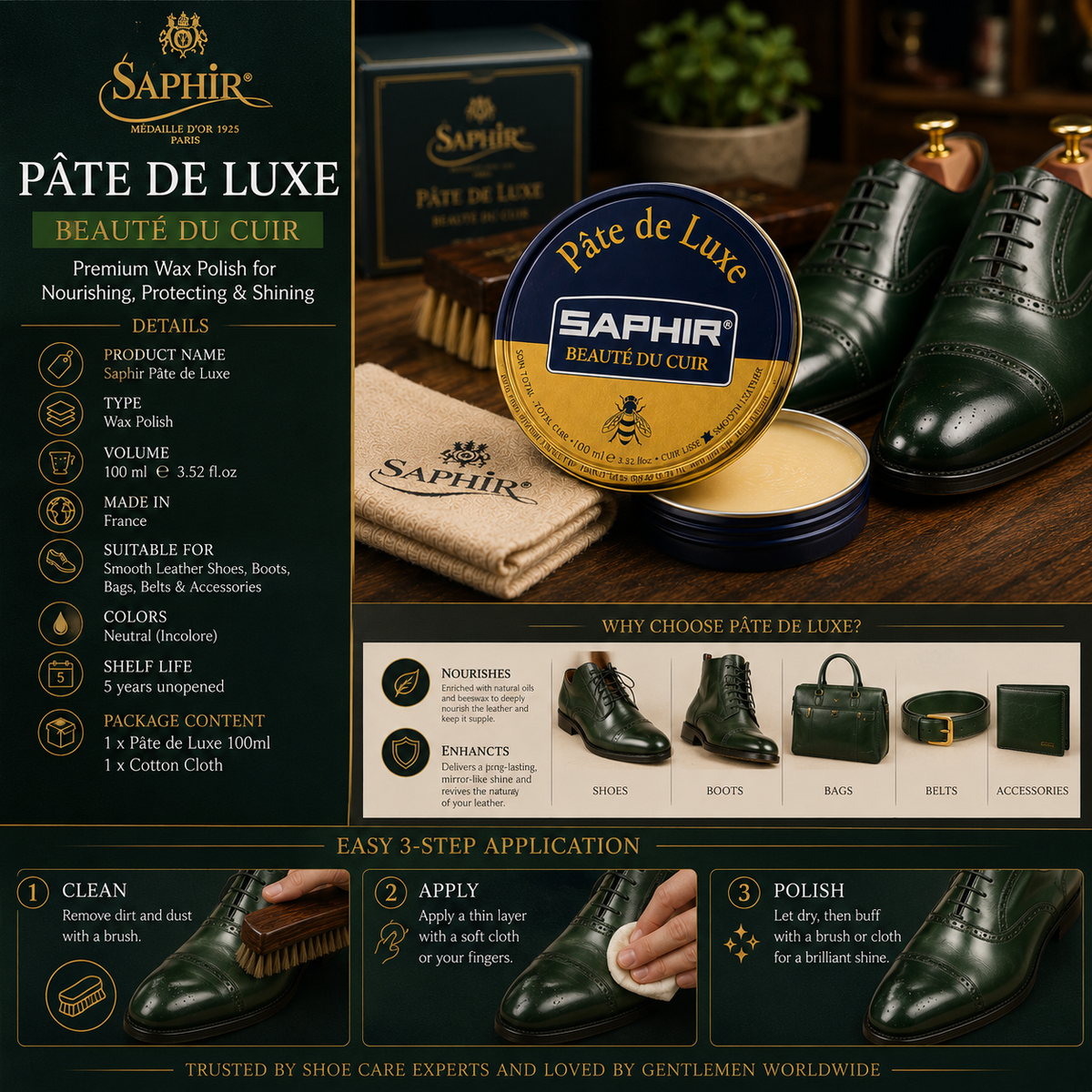 Saphir Wax Polish Pâte de Luxe 100 ml | High-Shine for Smooth Leather