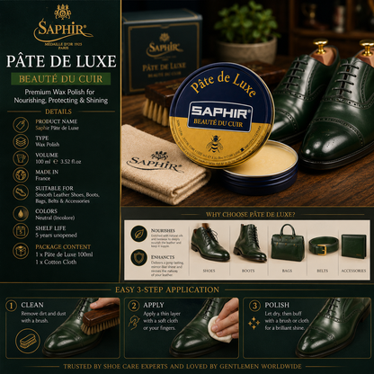Saphir Wax Polish Pâte de Luxe 100 ml | High-Shine for Smooth Leather