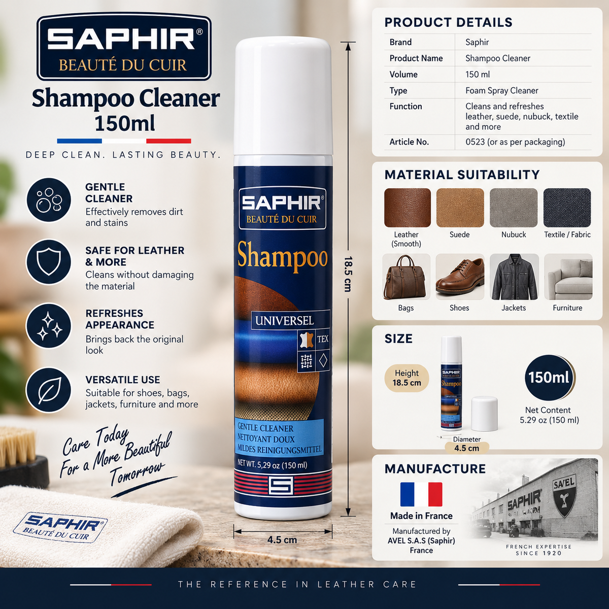 Saphir Shampoo Cleaner 150ml - Premium Care for Your Footwear